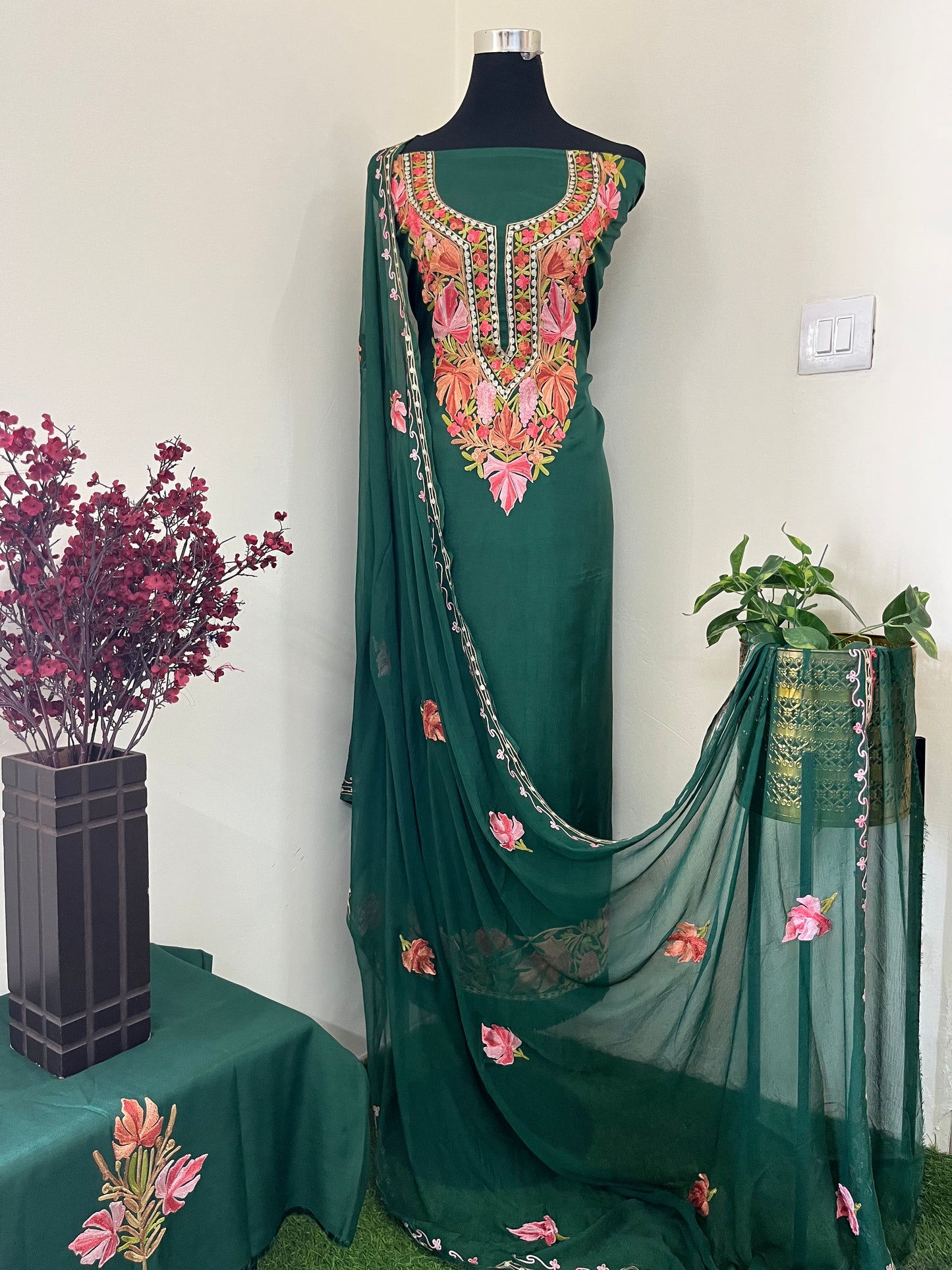 Bottle Green Opada Silk Aari Embroidered Suit material