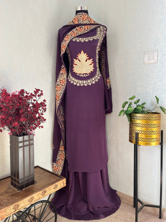 Purple Chinon 3 Pc Aari Embroidered Suit