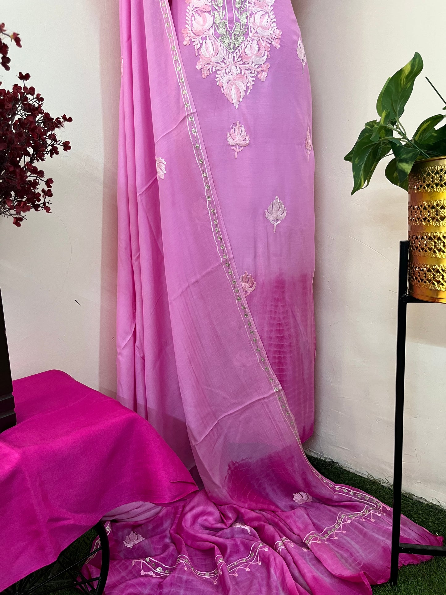 Mauve Mul Cotton Shibori Work Kashmiri 3pc Suit