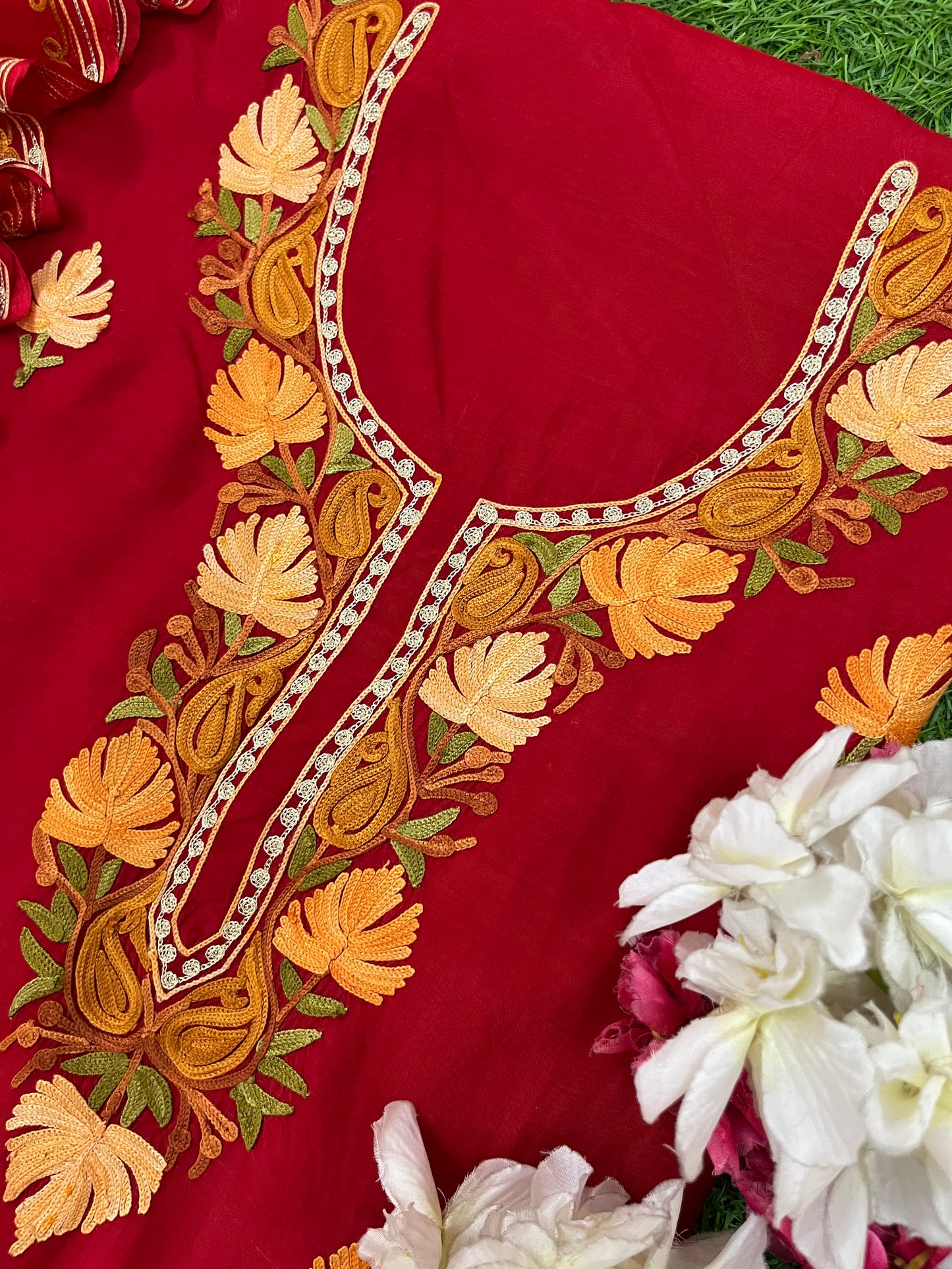 Red Muslin Cotton Jaal Sleeves Kashmiri 3pc Suit