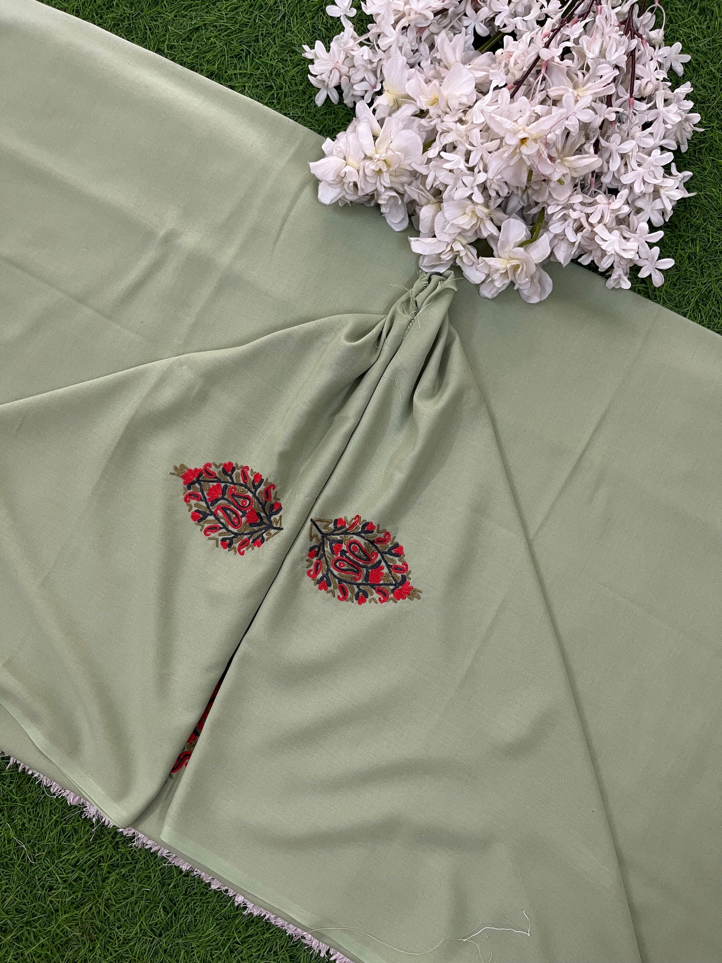 Pista Green Cotton Cord Set (Hand Embroidered)