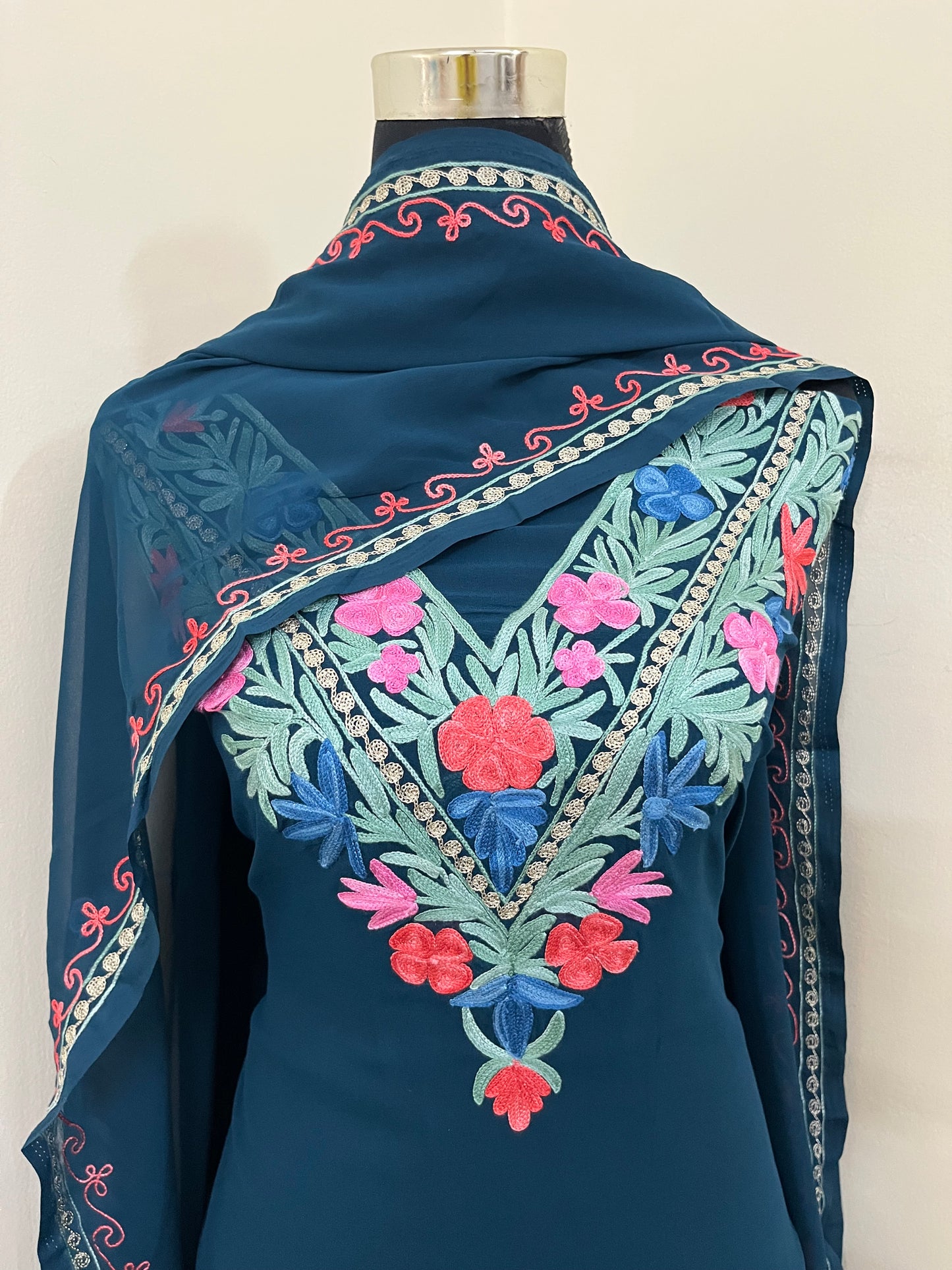 Teal blue Georgette 3 Pc Aari Embroidered Suit Set