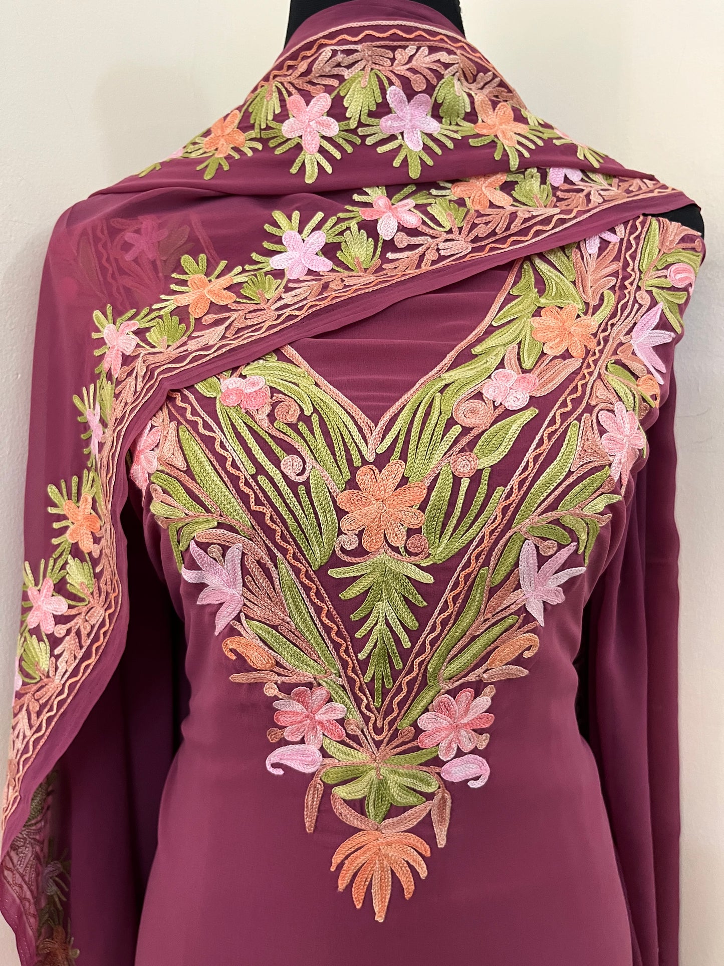 Onion Pink Georgette 3 Pc Kashmiri Suit