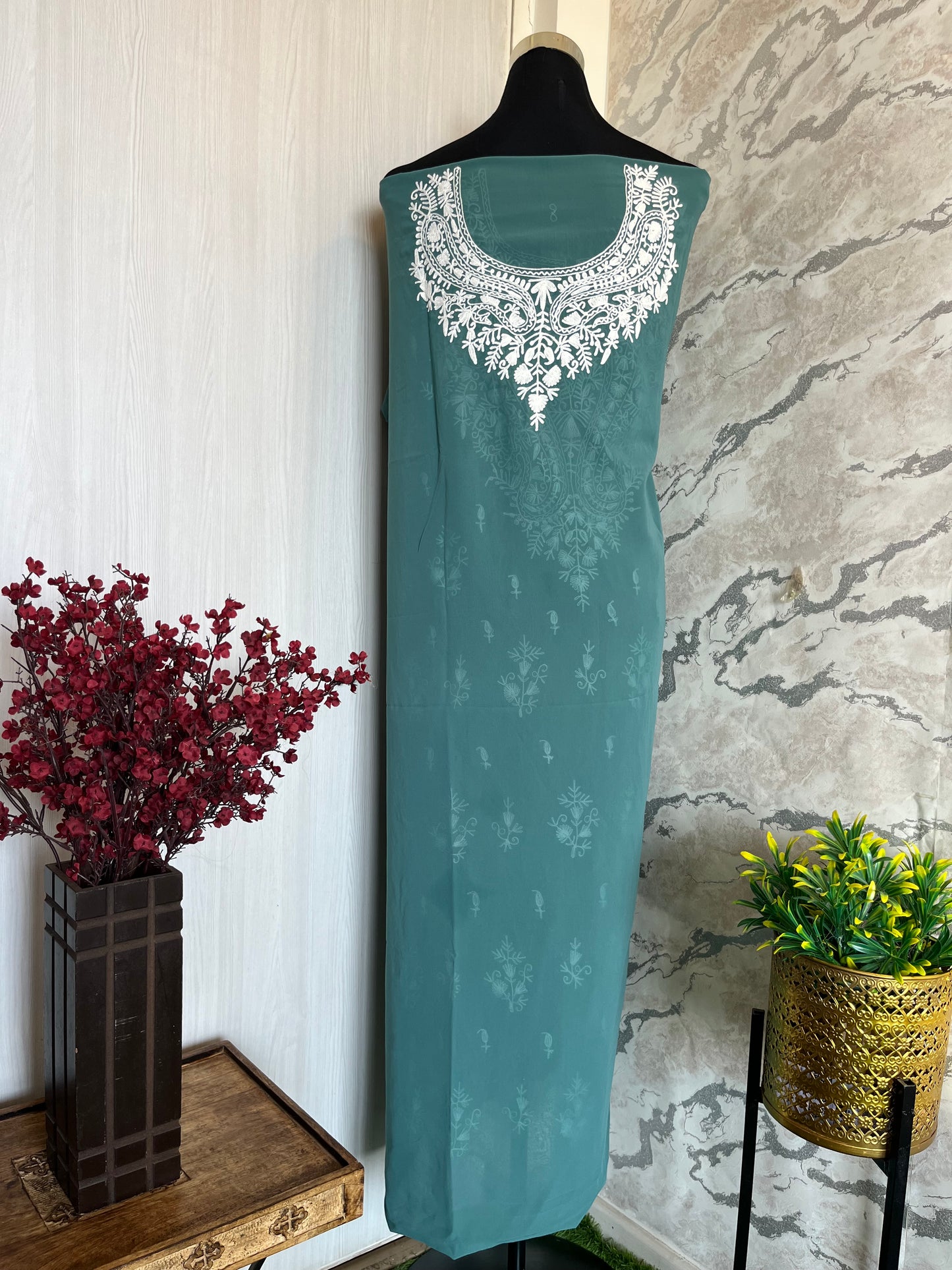 Georgette Pastel Green All over Work Aari Embroidered Unstitched Kurta Material