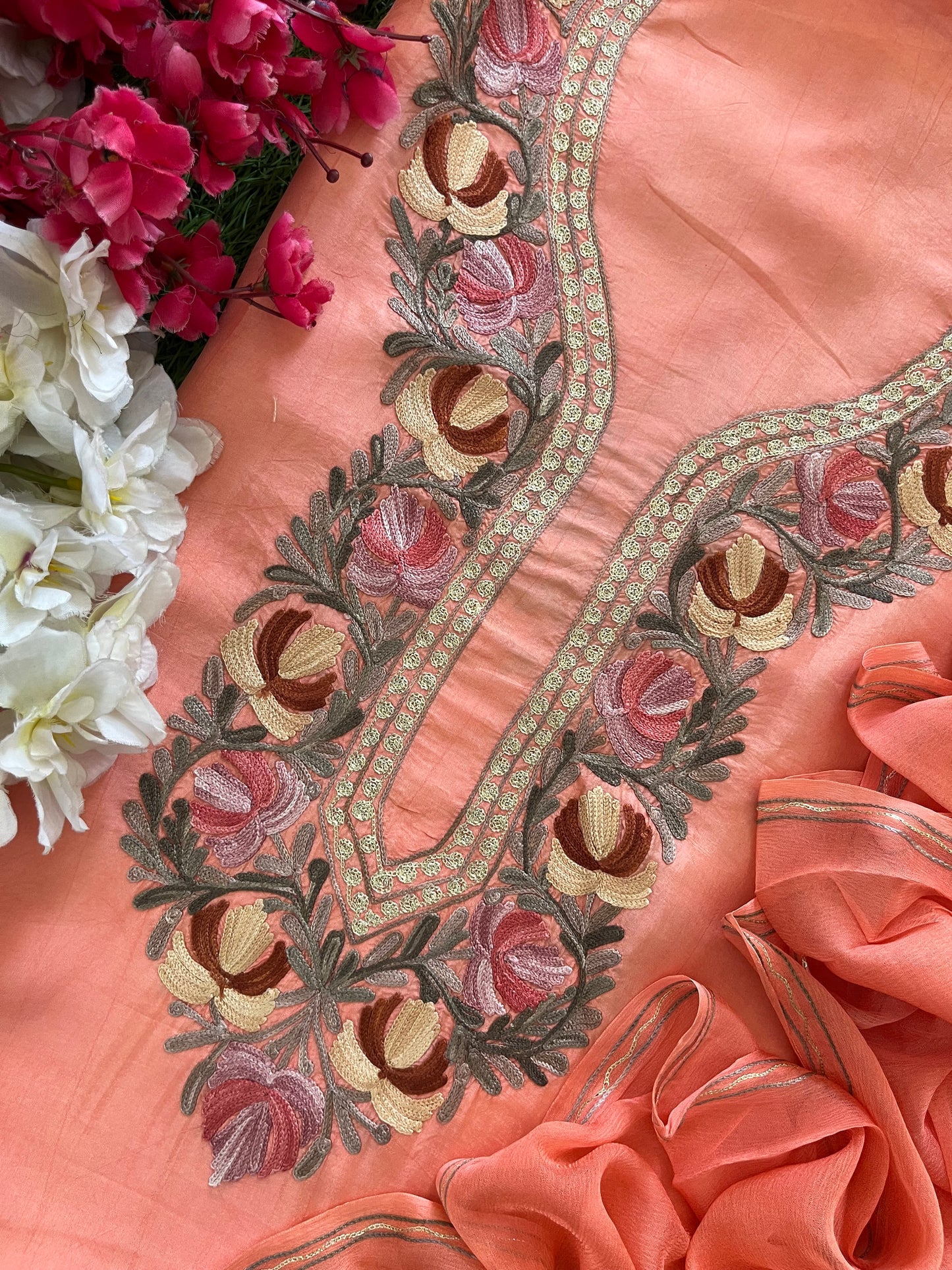 Peach Opada Silk Aari Embroidered Suit material