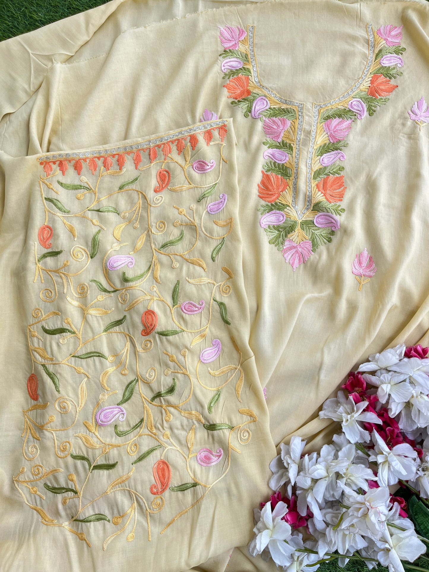 Beige Muslin Cotton Jaal Sleeves Kashmiri 3pc Suit