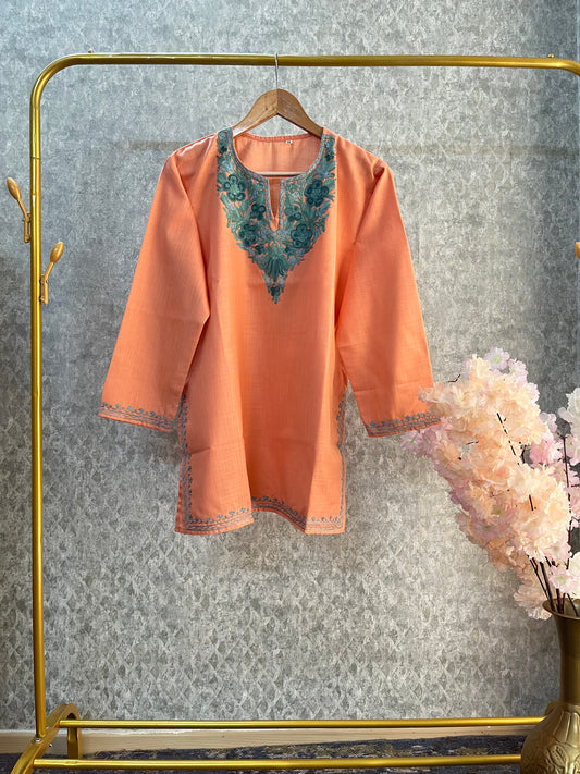 Soft Orange Cotton Aari Work Kurta
