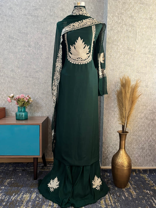 Bottle Green Sanam’ Tilla Kashmiri Silk Suit