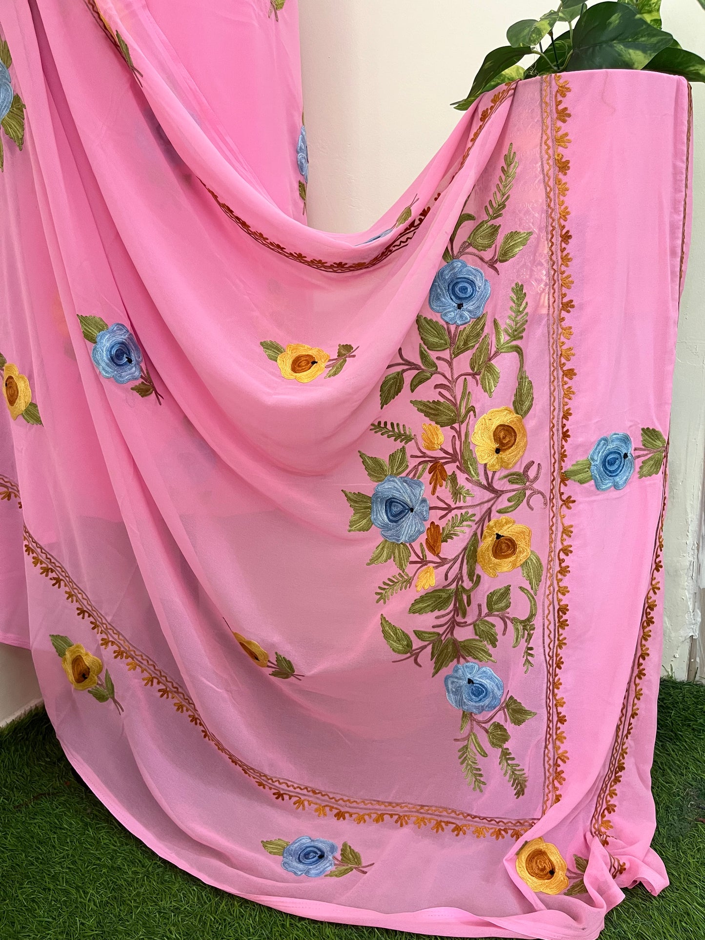 Georgette Candy Pink 3 Pc Aari Embroidered Suit