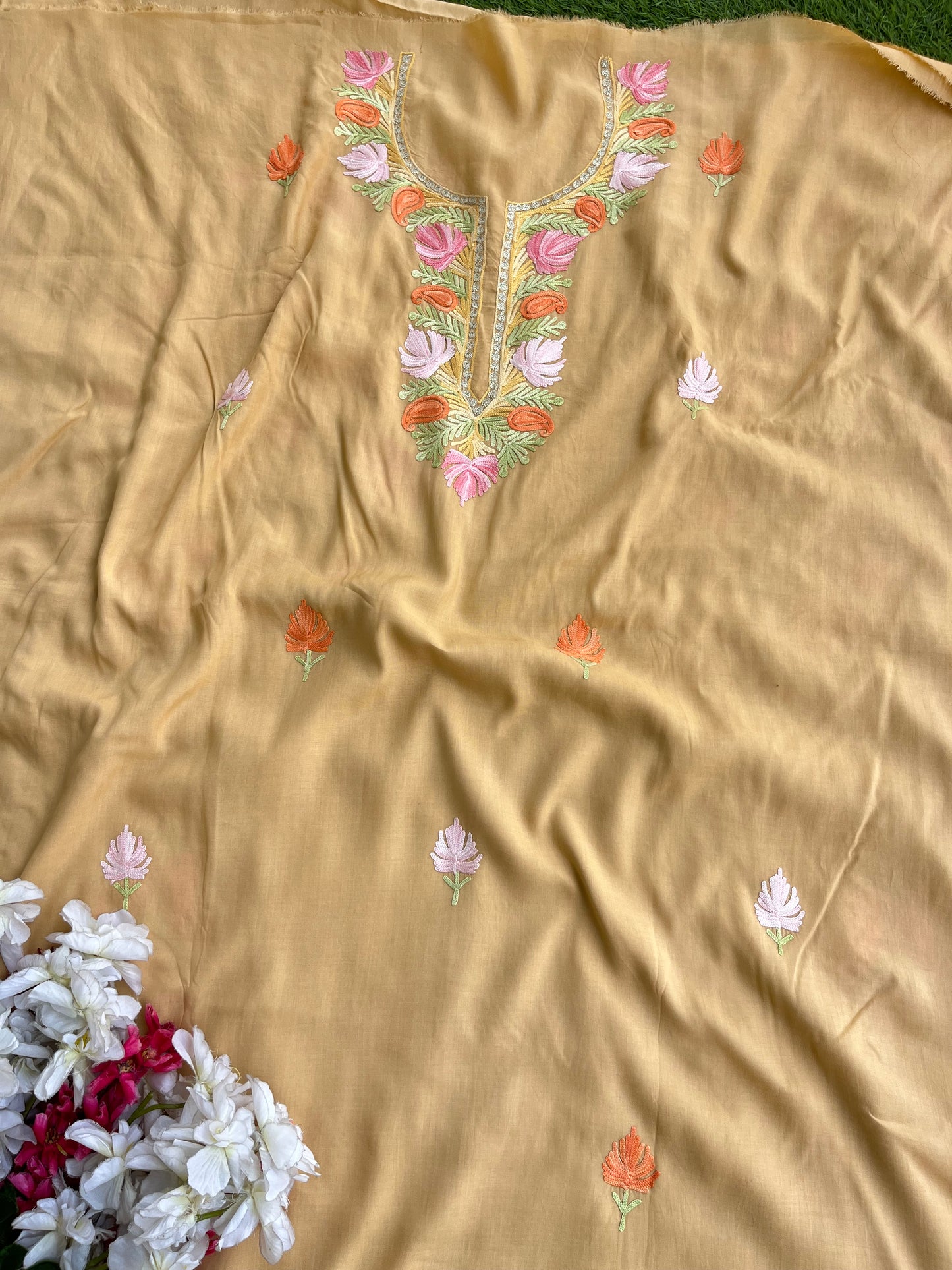 Faun Muslin Cotton Jaal Sleeves Kashmiri 3pc Suit