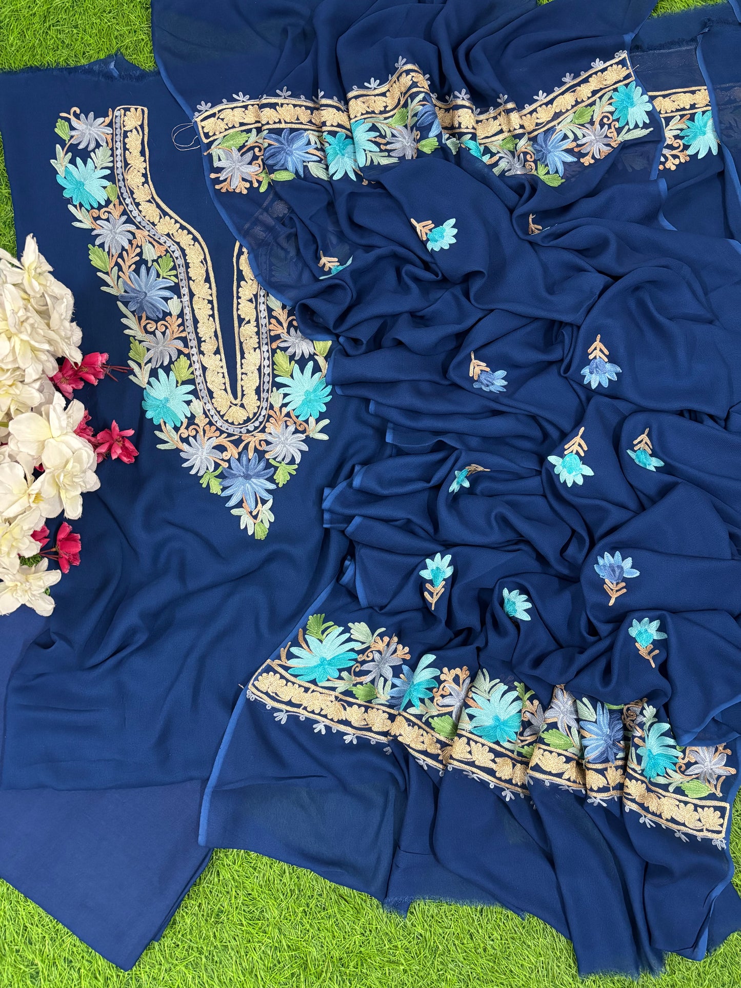 Electric Blue Pure Georgette Kashmiri Suit