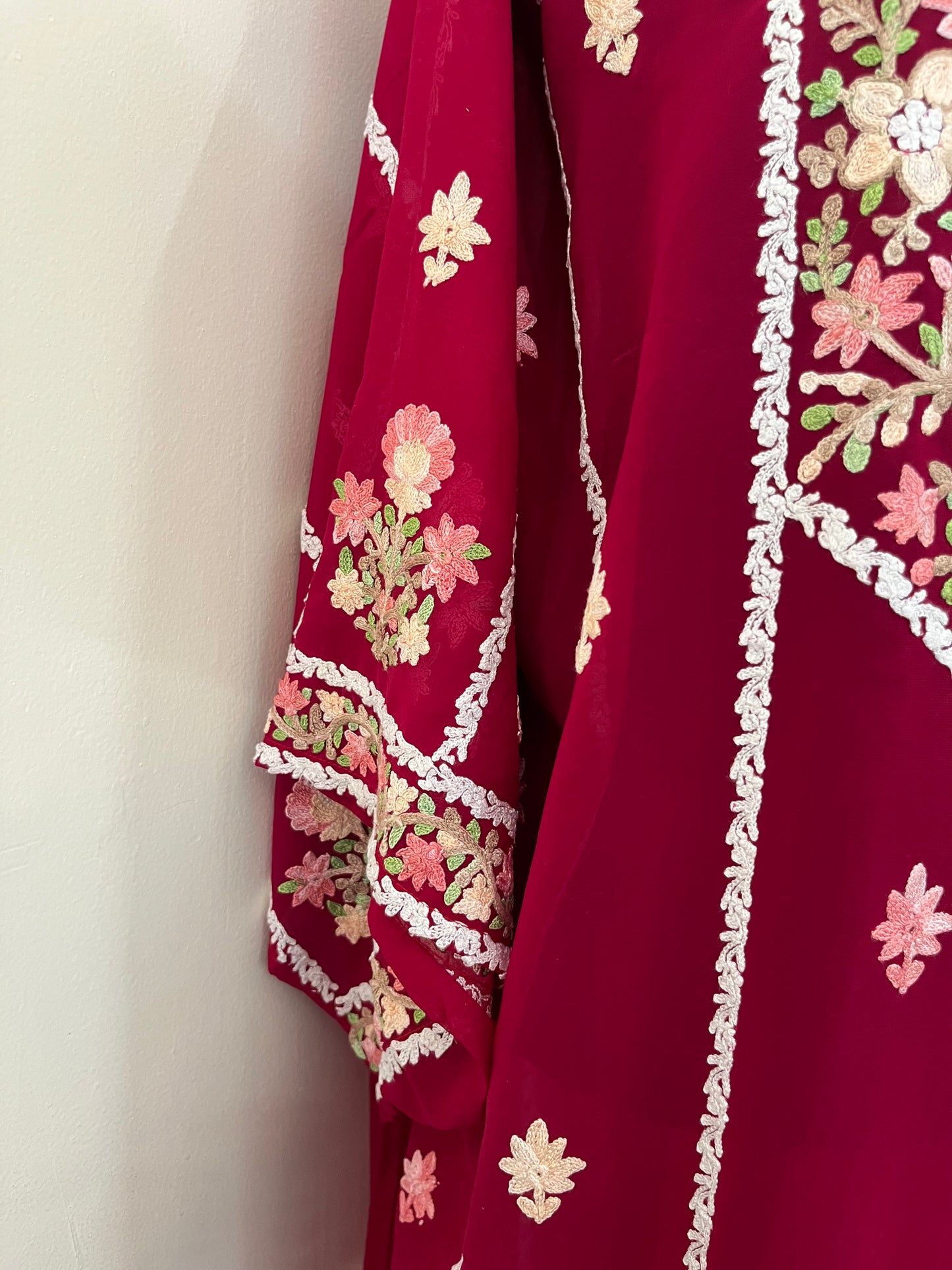Hot Pink Georgette All over Work Aari Embroidered Unstitched Kurta