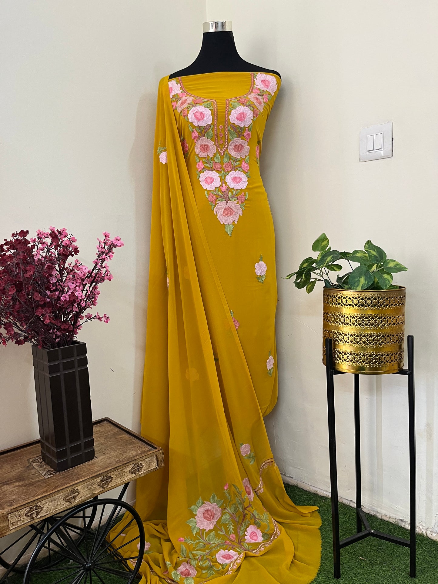 Mustard Georgette 3 Pc Aari Embroidered Suit