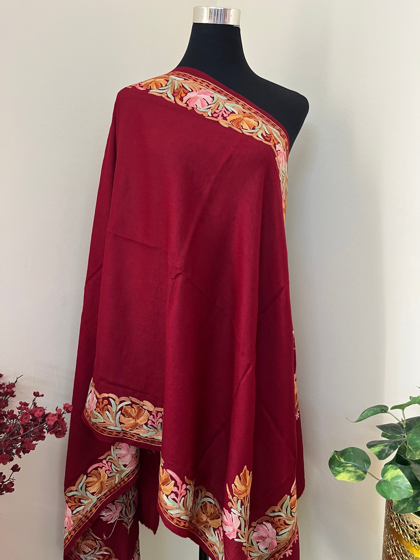 Maroon Fine Semi Pashmina Aari Embroidered stole