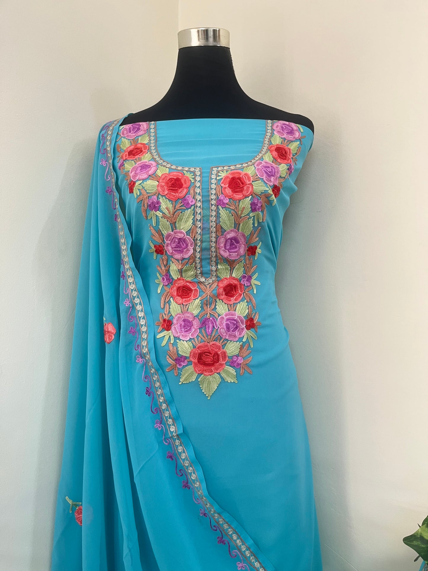 Firozi Blue Georgette 3pc Aari Embroidered Suit