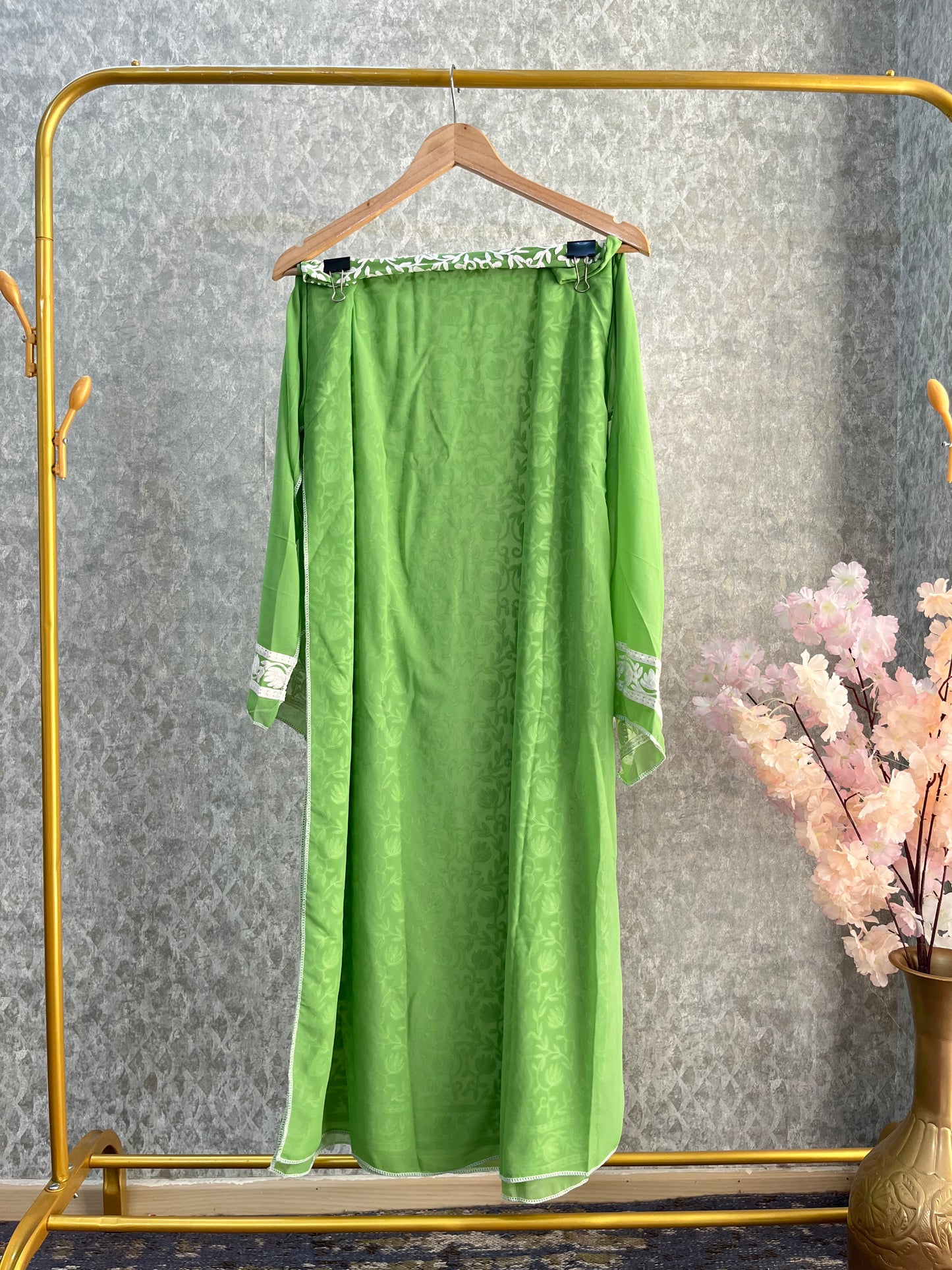 Georgette Green Jaal Work Semistitched Kurta Material
