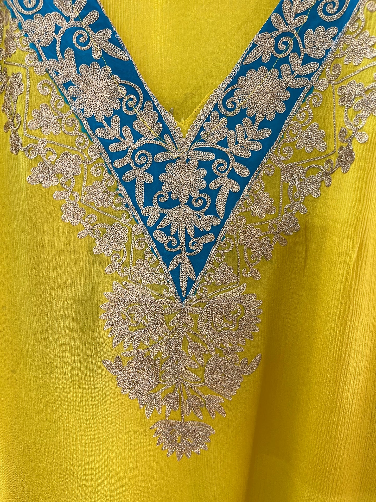 Golden Yellow Pure Chiffon Kashmiri Kaftan