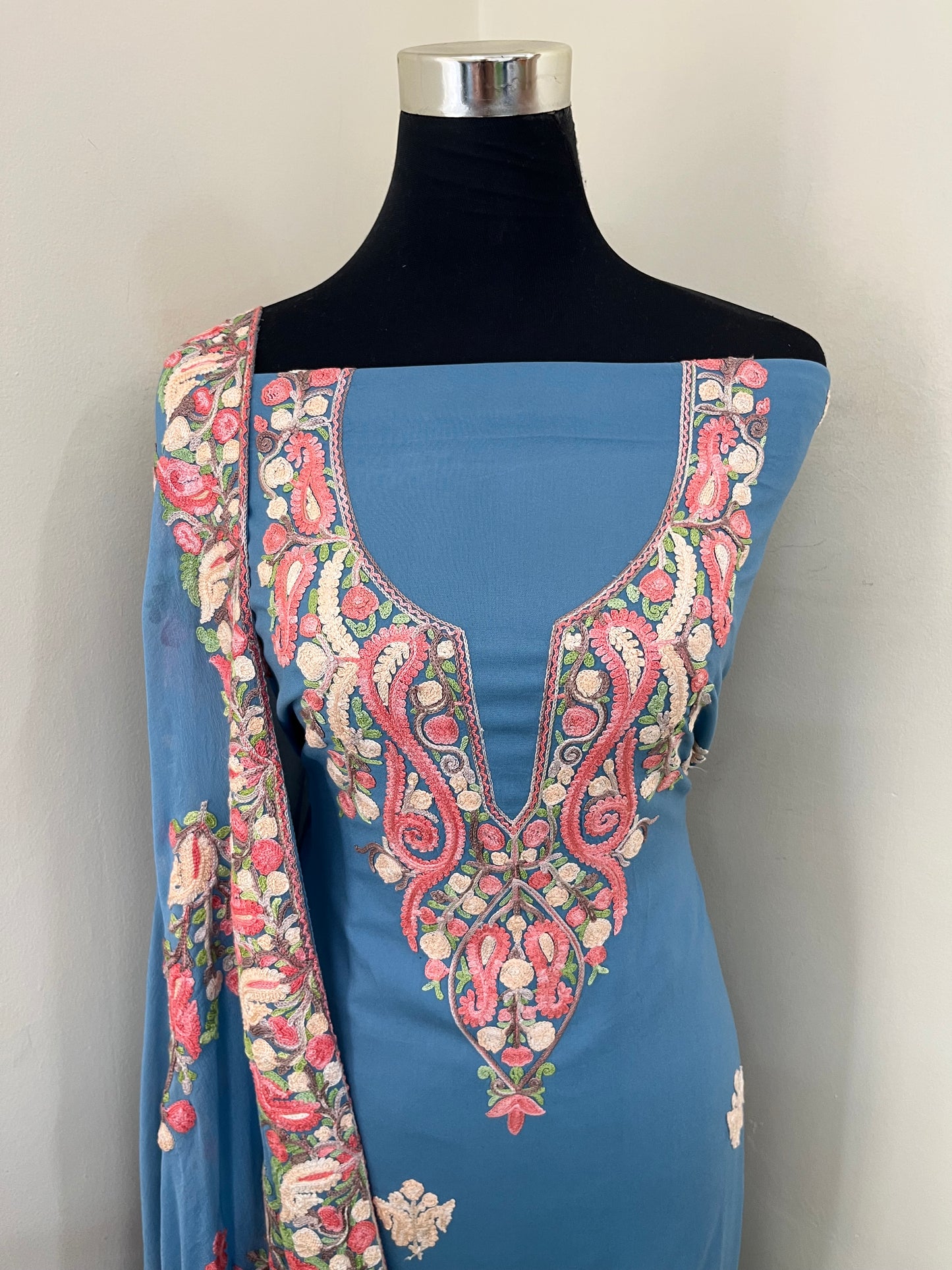 English Grey Rayon Cotton Kashmiri 3pc set