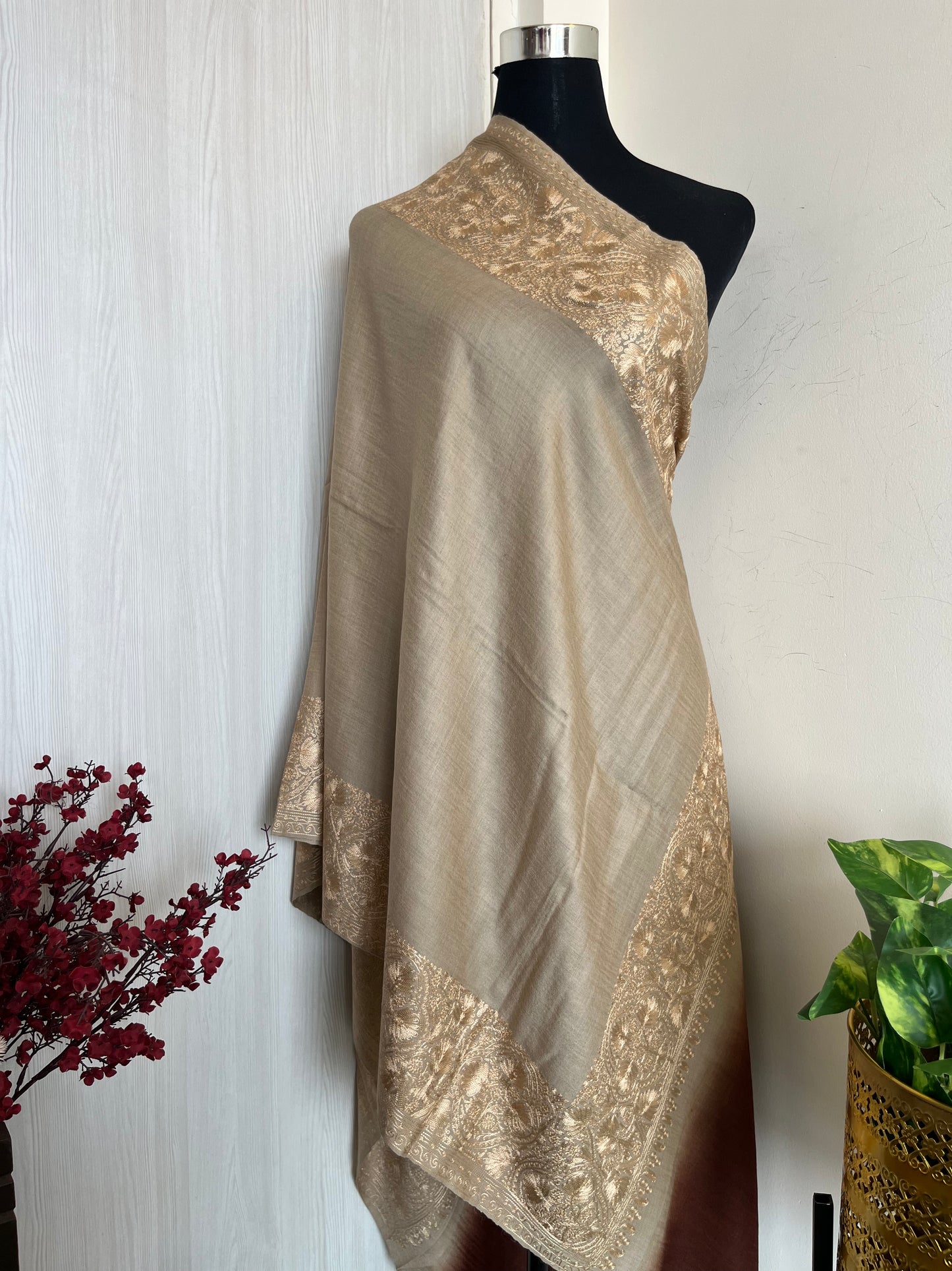 Beige Brown Silk Thread Border Embroidered Fine Semi Pashmina stole