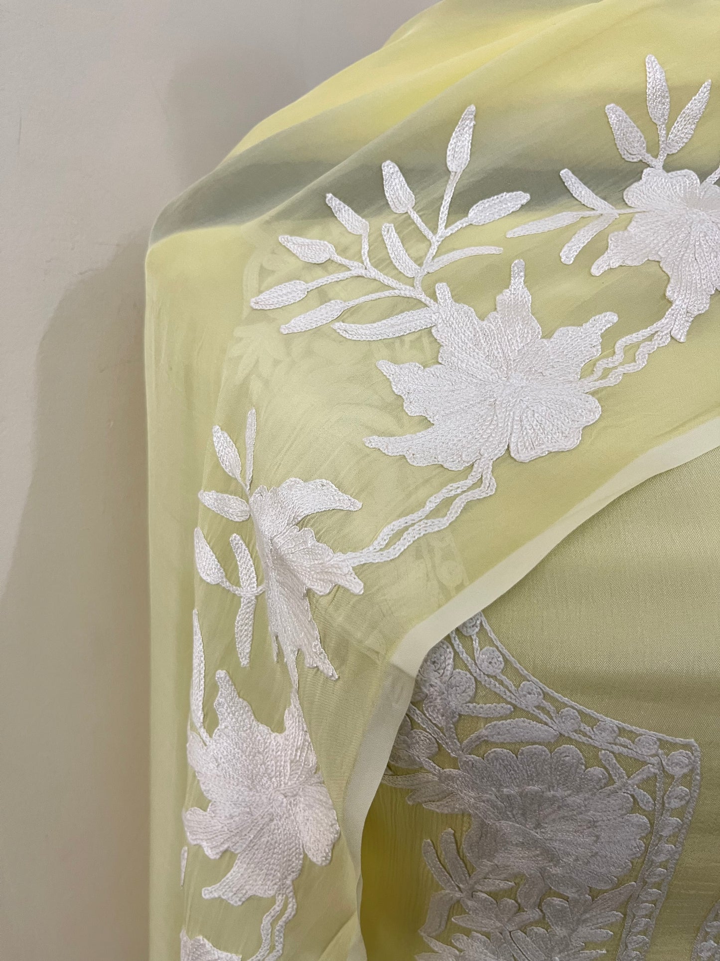 Lemon Yellow Chinon 3 Pc Aari Embroidered Suit
