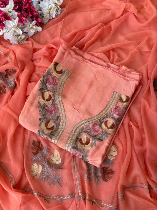 Peach Opada Silk Aari Embroidered Suit material