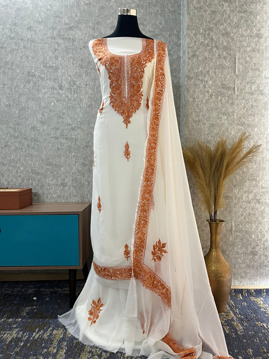 Off White Georgette Aari Embroidered Suit Set