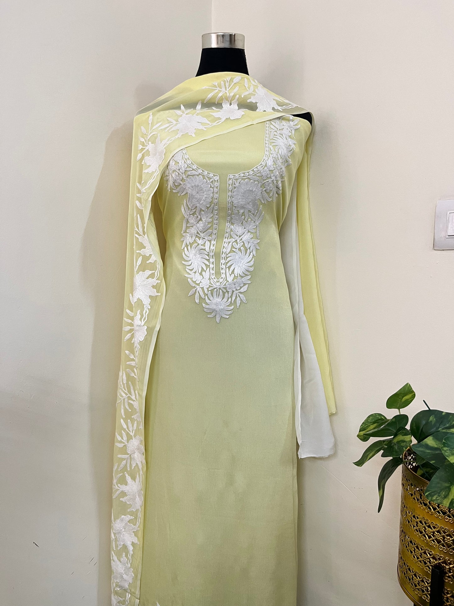 Lemon Yellow Chinon 3 Pc Aari Embroidered Suit