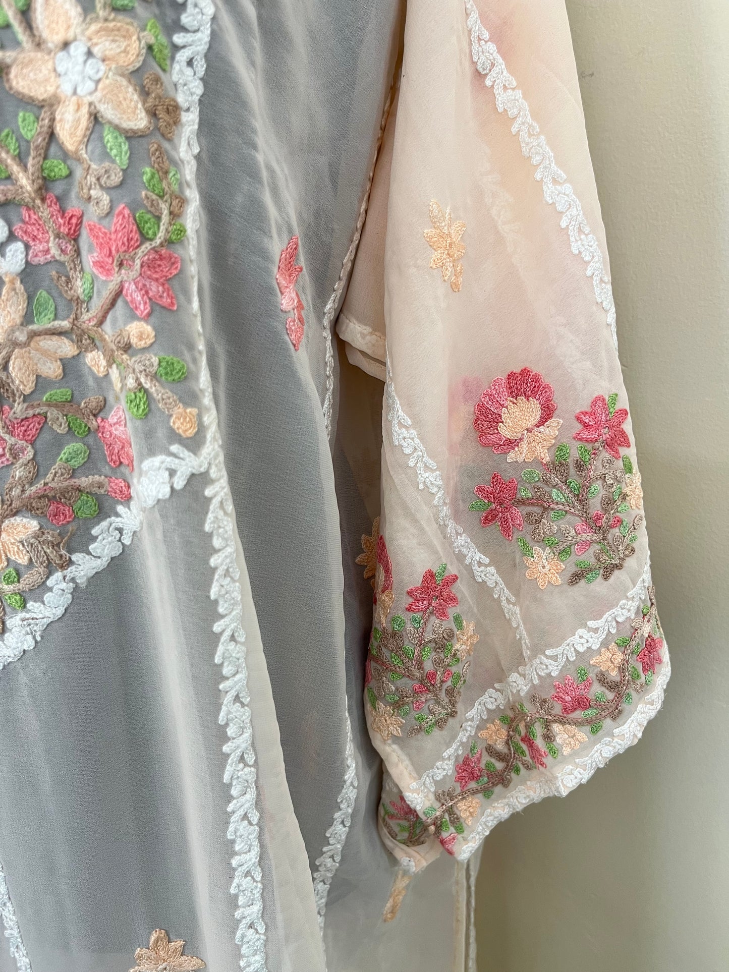 Peach Georgette All over Work Aari Embroidered Unstitched Kurta