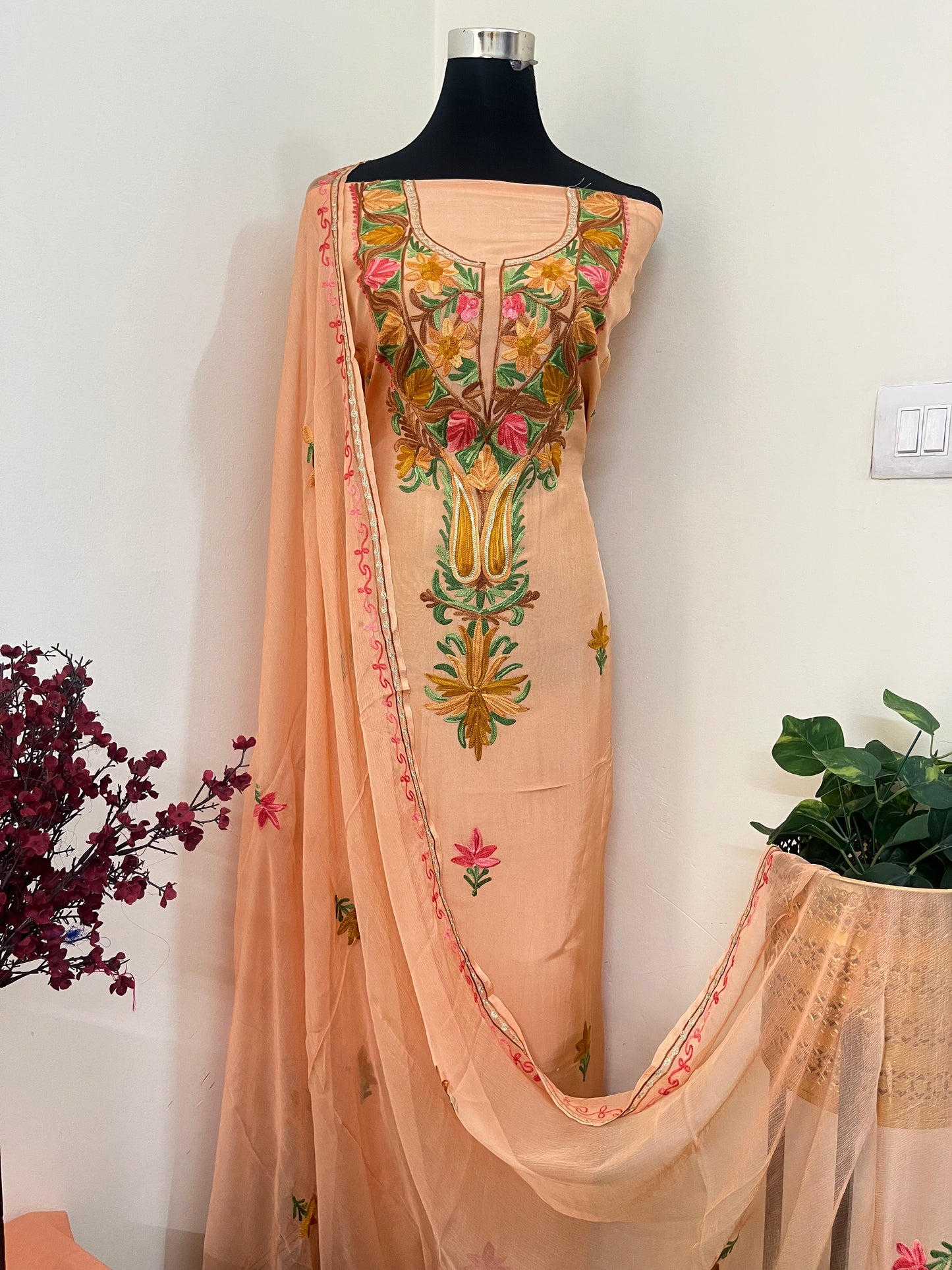 Peach Opada Silk Kashmiri Suit