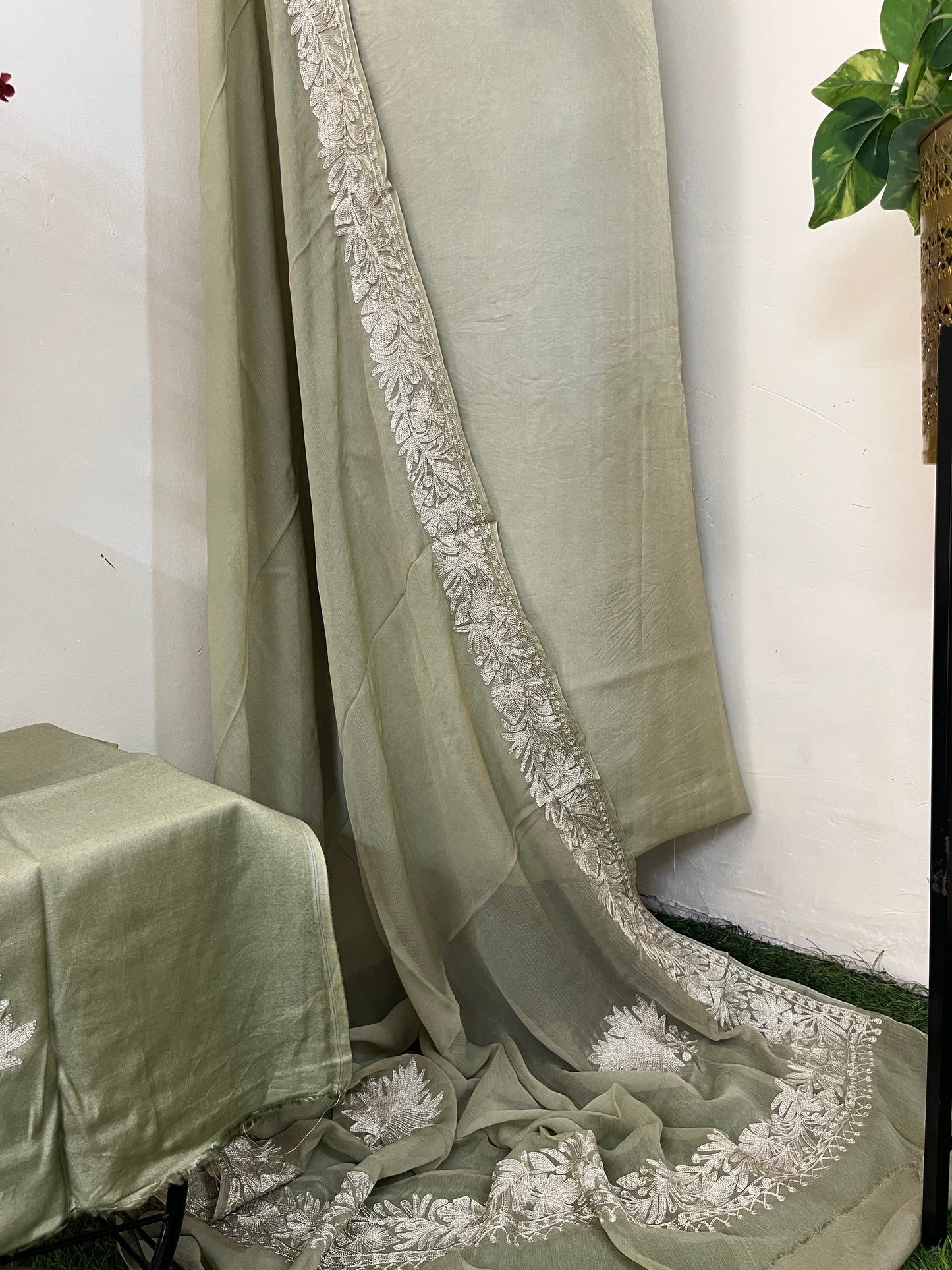 Sanam’ Pastel Green Tilla Embroidered Suit material
