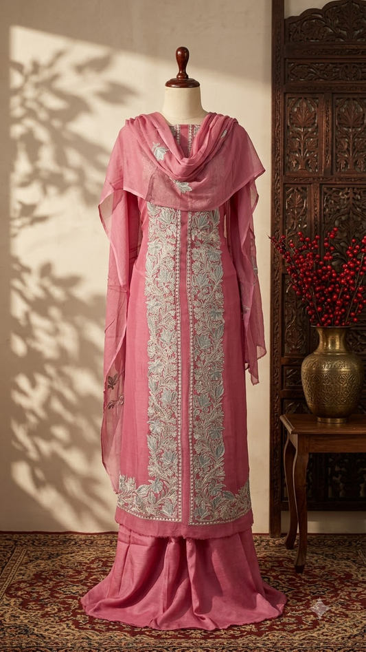 Soft Pink Pure Georgette Achkan Kashmiri Suit