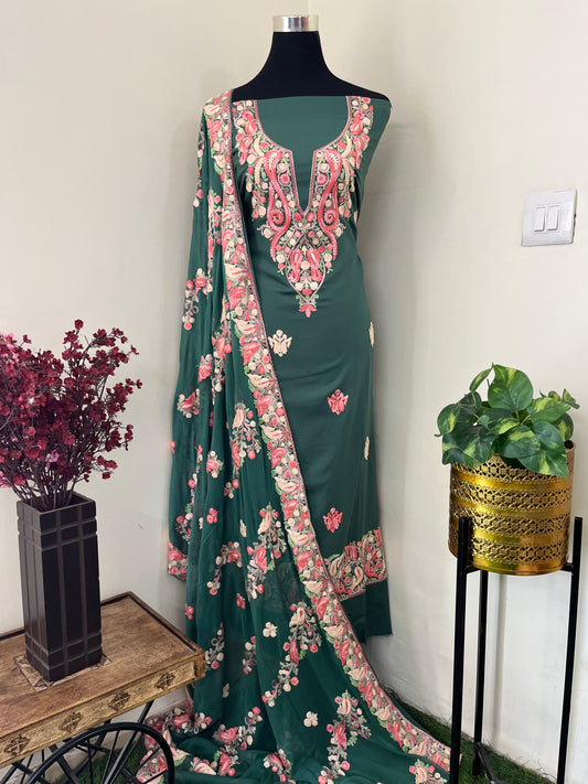 Jade Green Rayon Cotton Kashmiri 3pc set
