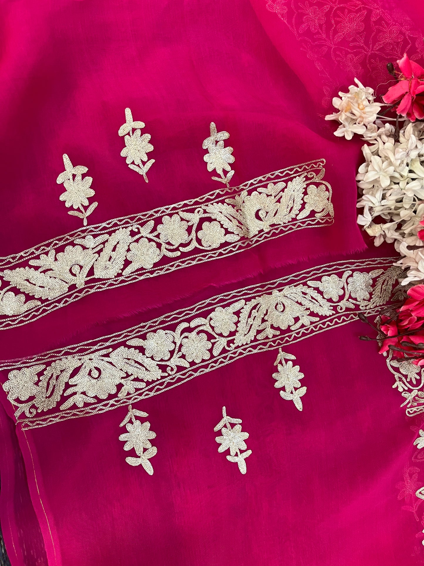 Hot Pink Pure Soft Organza 3 Pc Heavy Kashmiri Suit