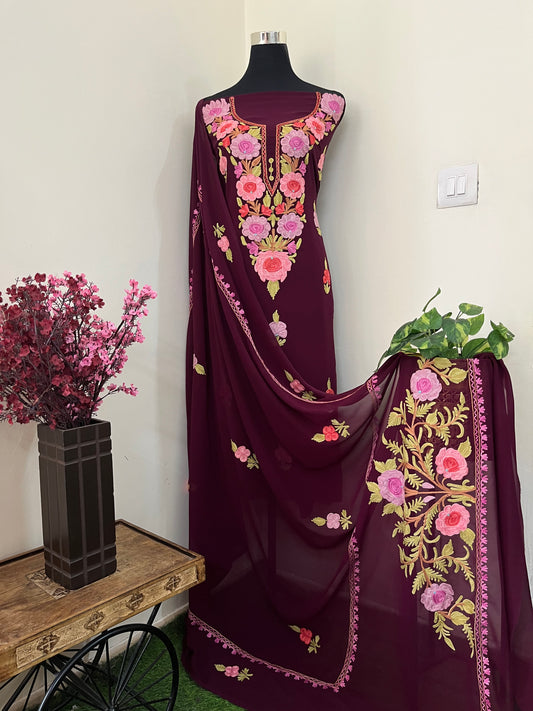 Wine Georgette 3 Pc Aari Embroidered Suit