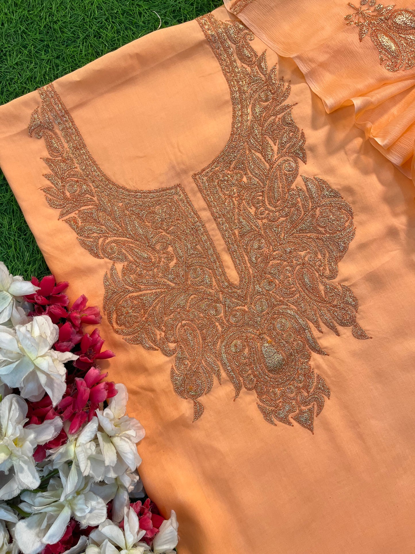 ‘Kalaa’ Peach Muslin Silk Tilla Embroidered Suit