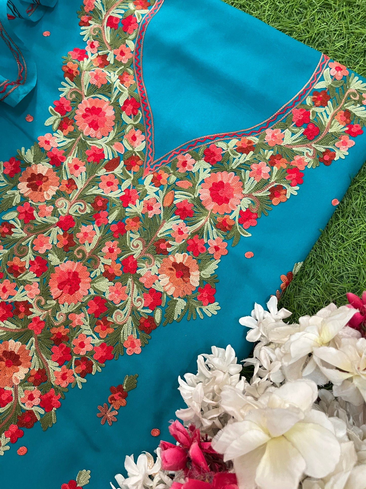 Peacock Blue Cotton Organza Dupatta Kashmiri 3pc set