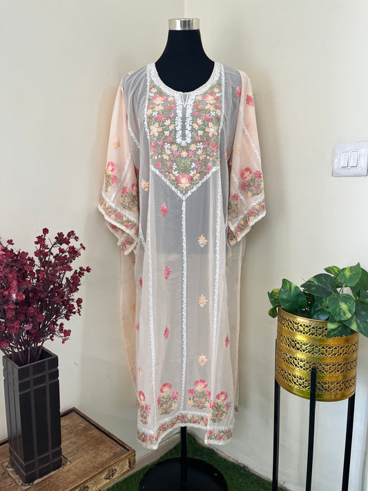 Peach Georgette All over Work Aari Embroidered Unstitched Kurta