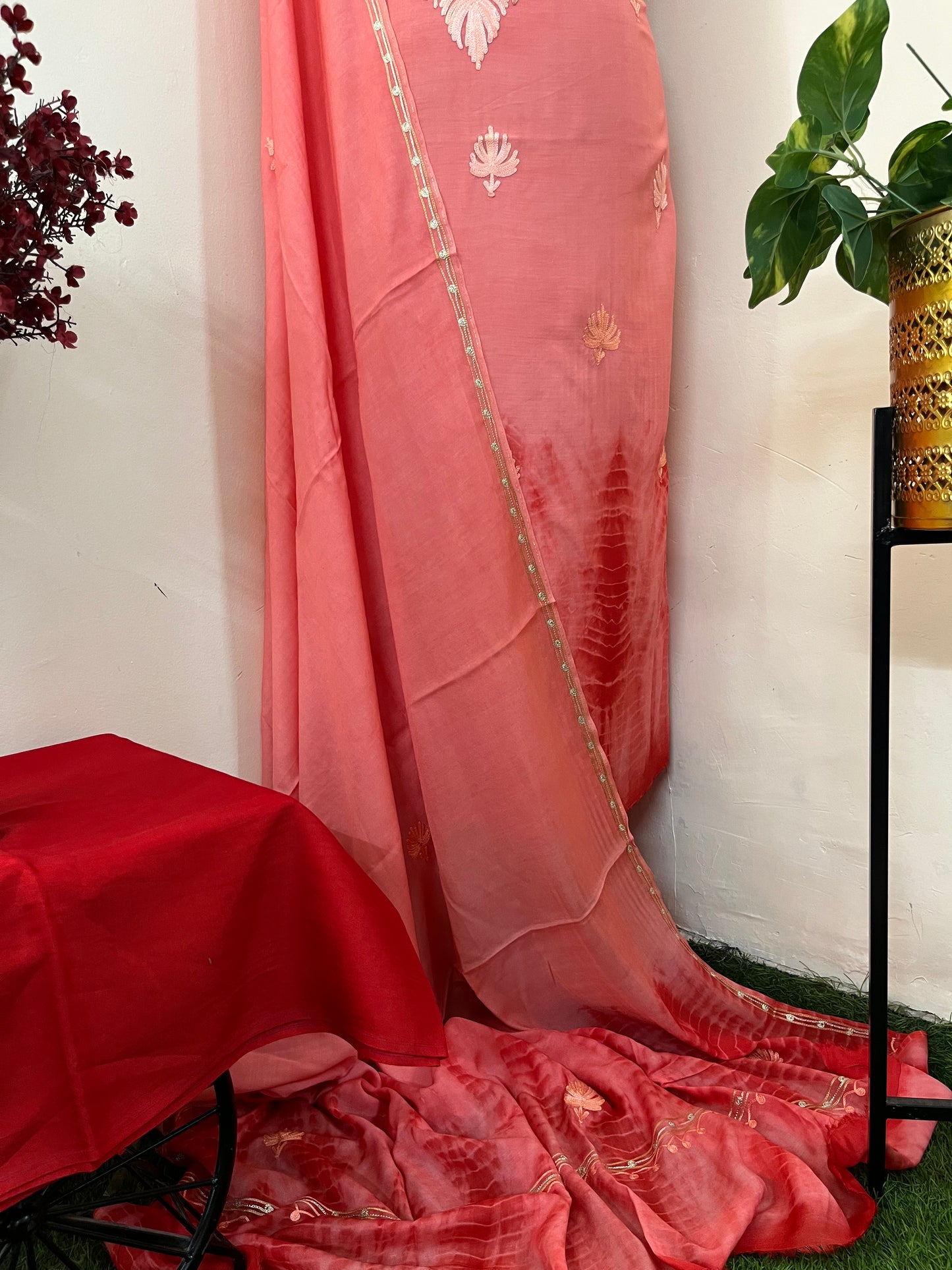 Carrot Red Mul Cotton Shibori Work Kashmiri 3pc Suit