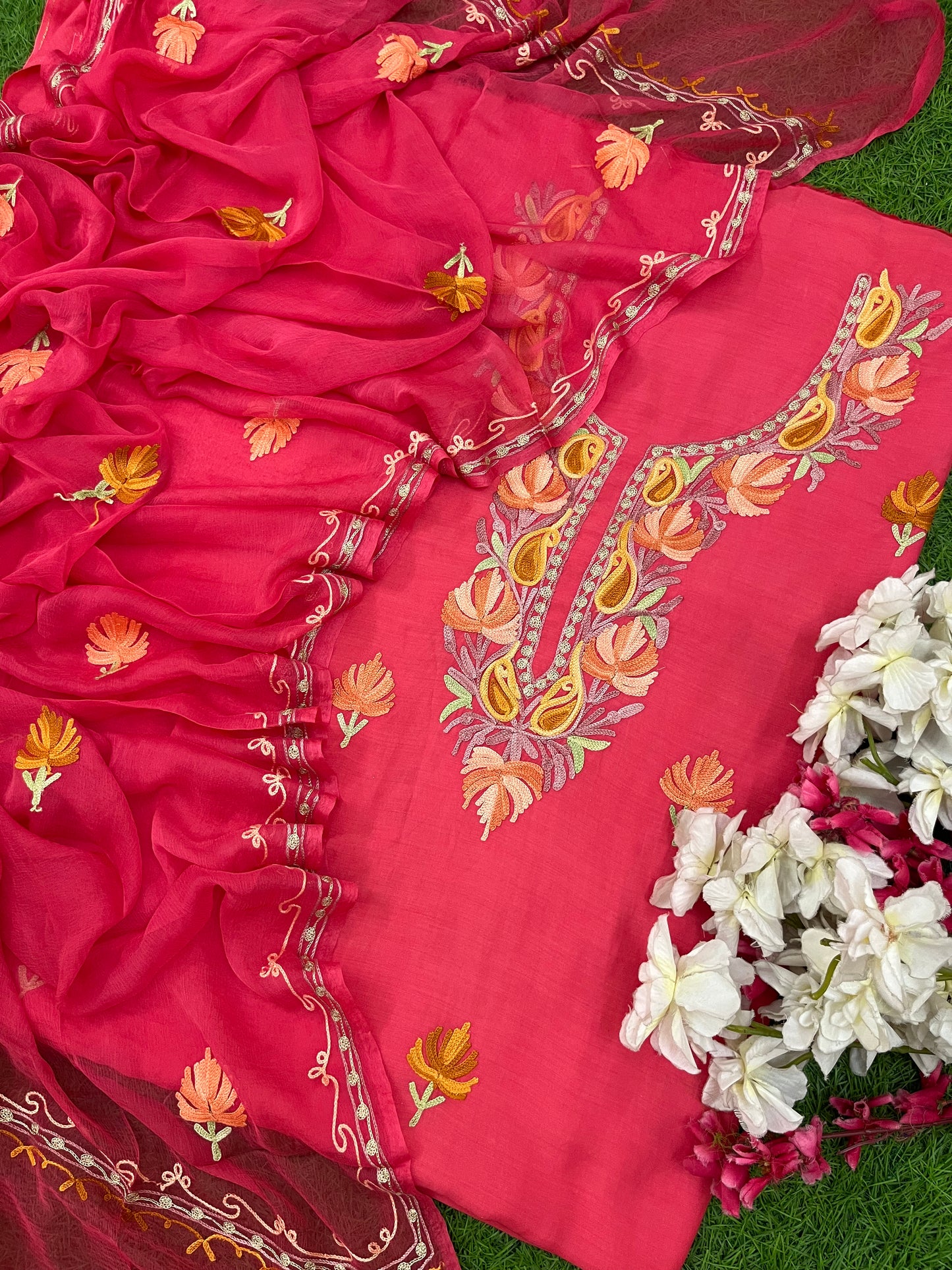 Carrot Red Muslin Cotton Jaal Sleeves Kashmiri 3pc Suit