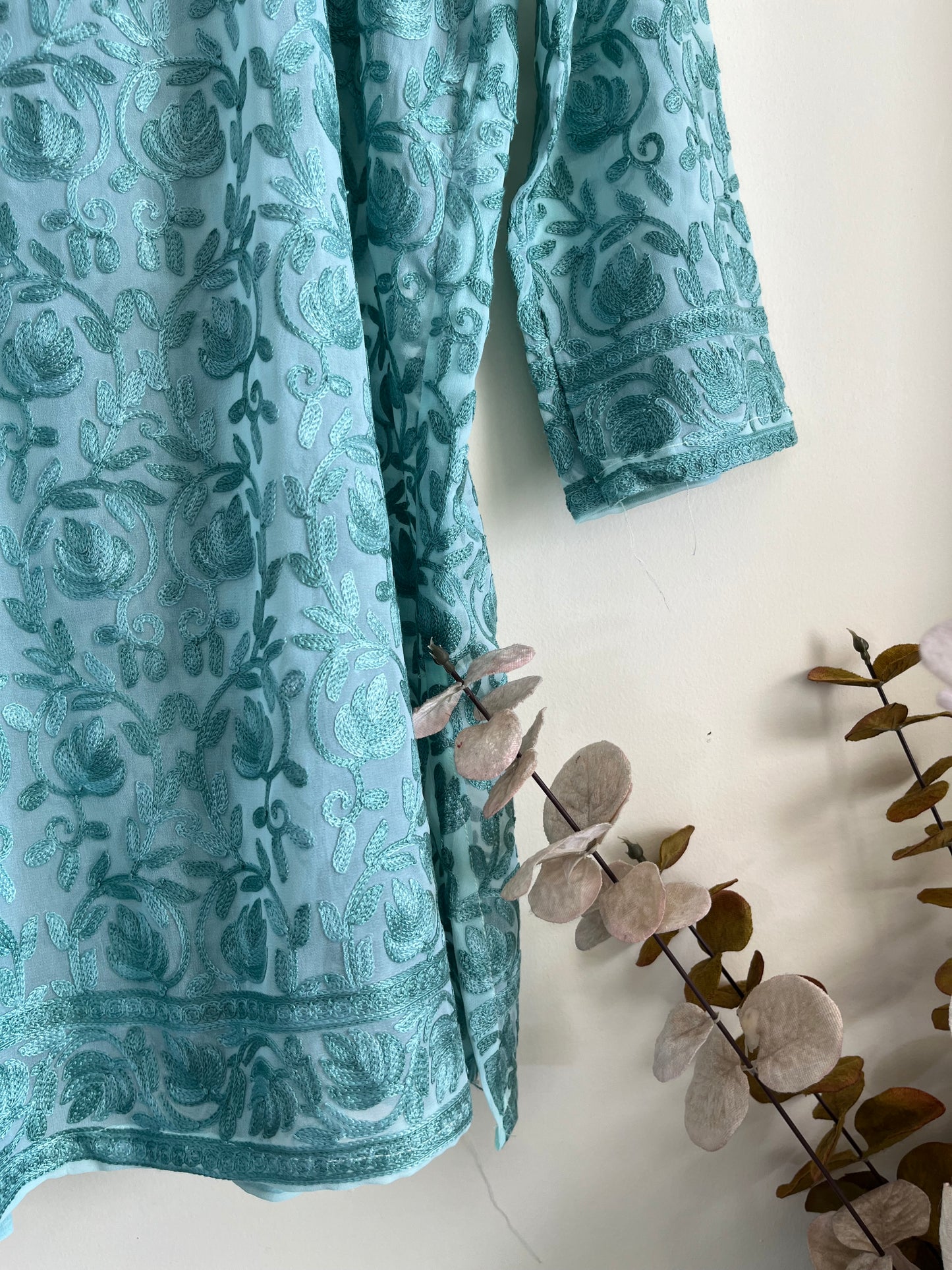 Crape Aari Embroidered Stitched Kurta