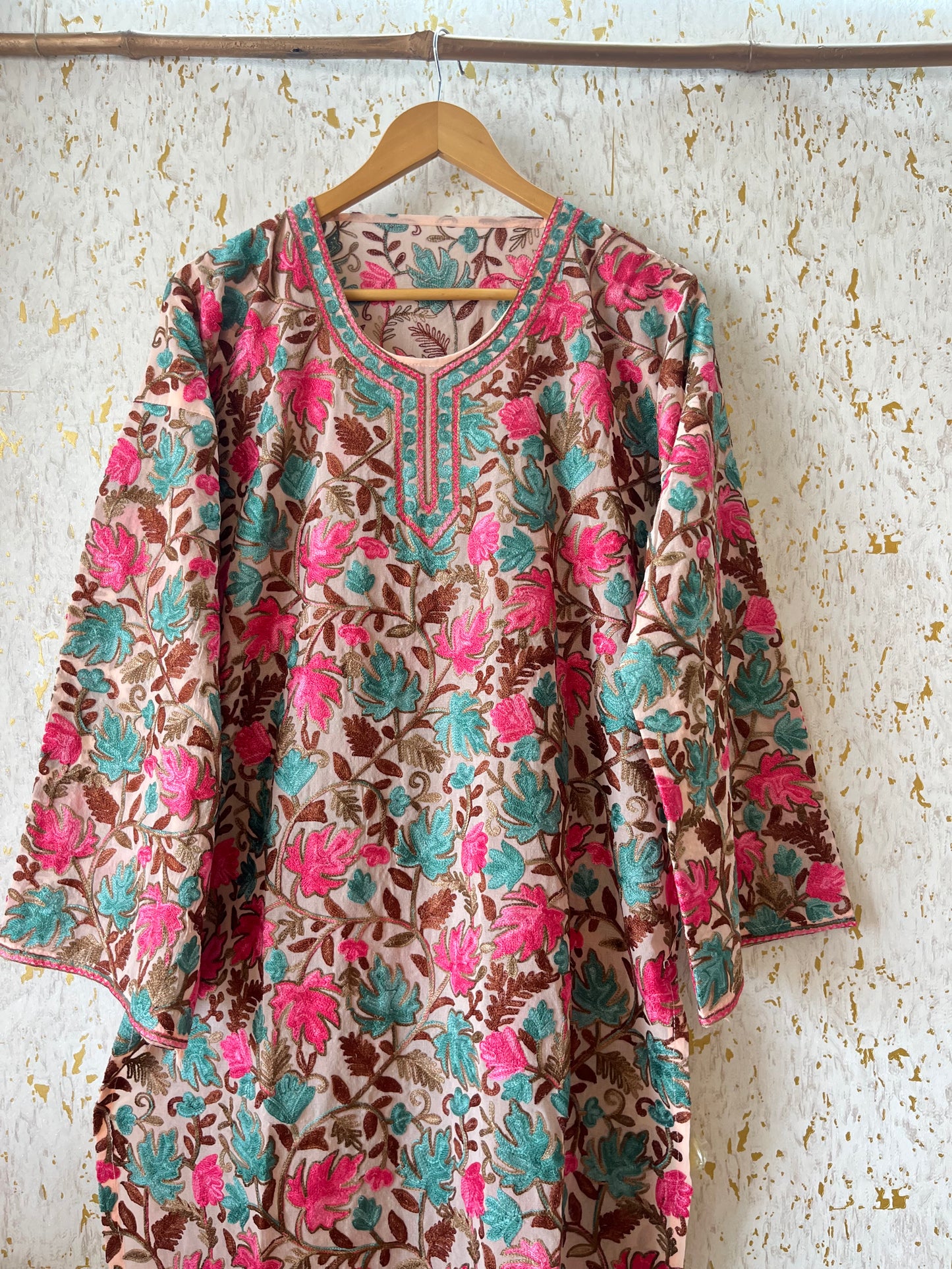 Peach Georgette Jaal Work (Front & Back) Aari Embroidered Stitched Kurta