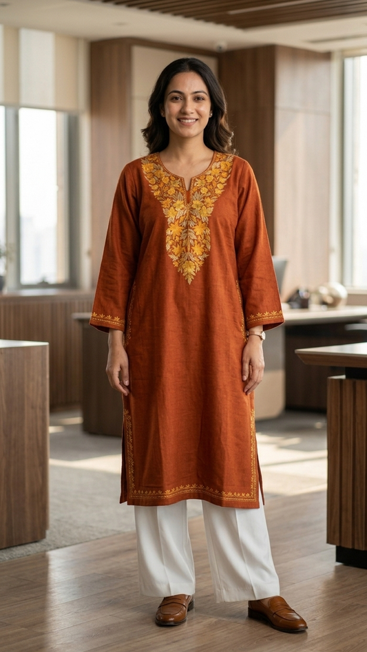Orange Aari Embroidered Wool Pheran