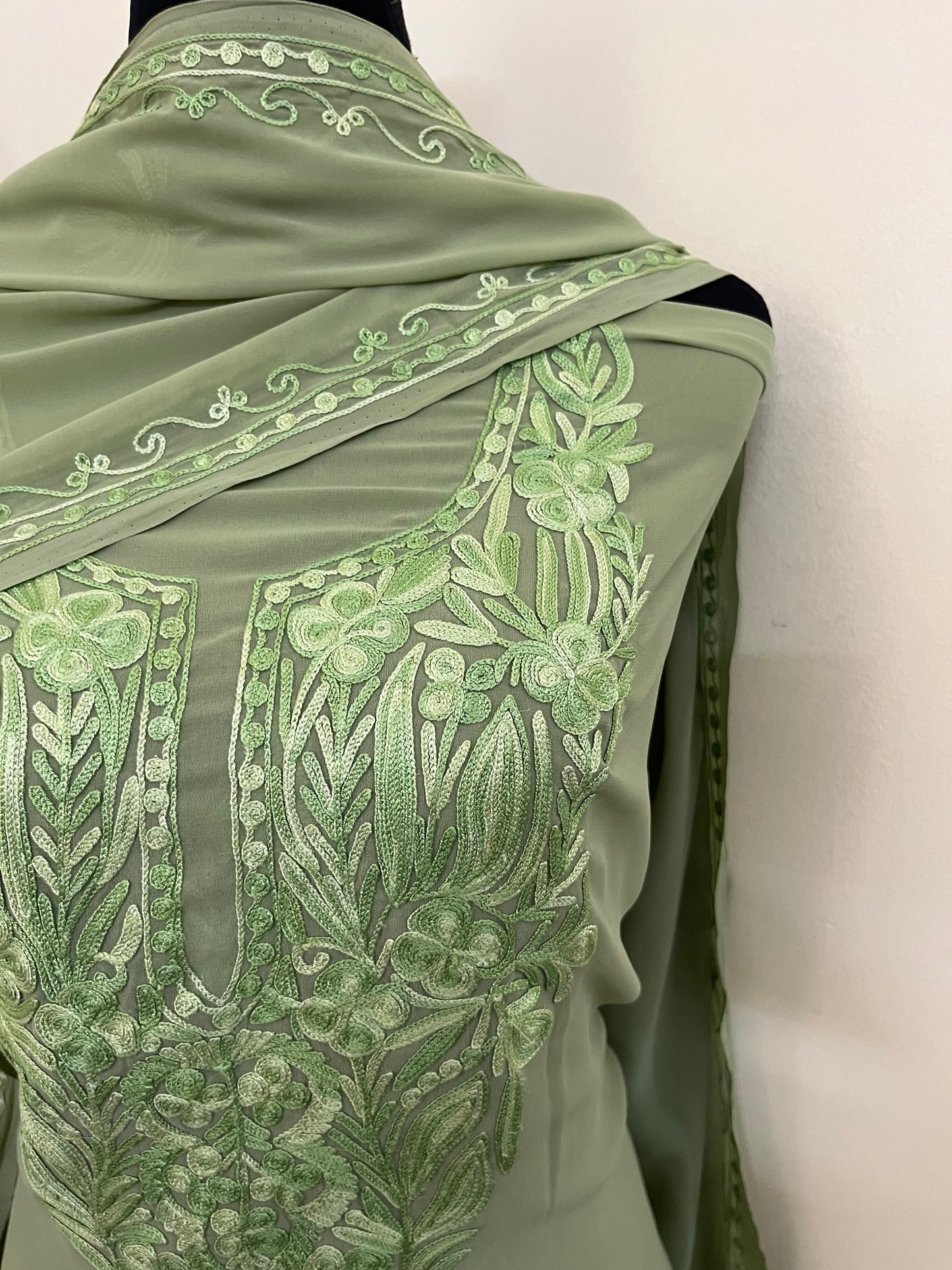 Tea green Georgette 3 Pc Aari Embroidered Suit Set