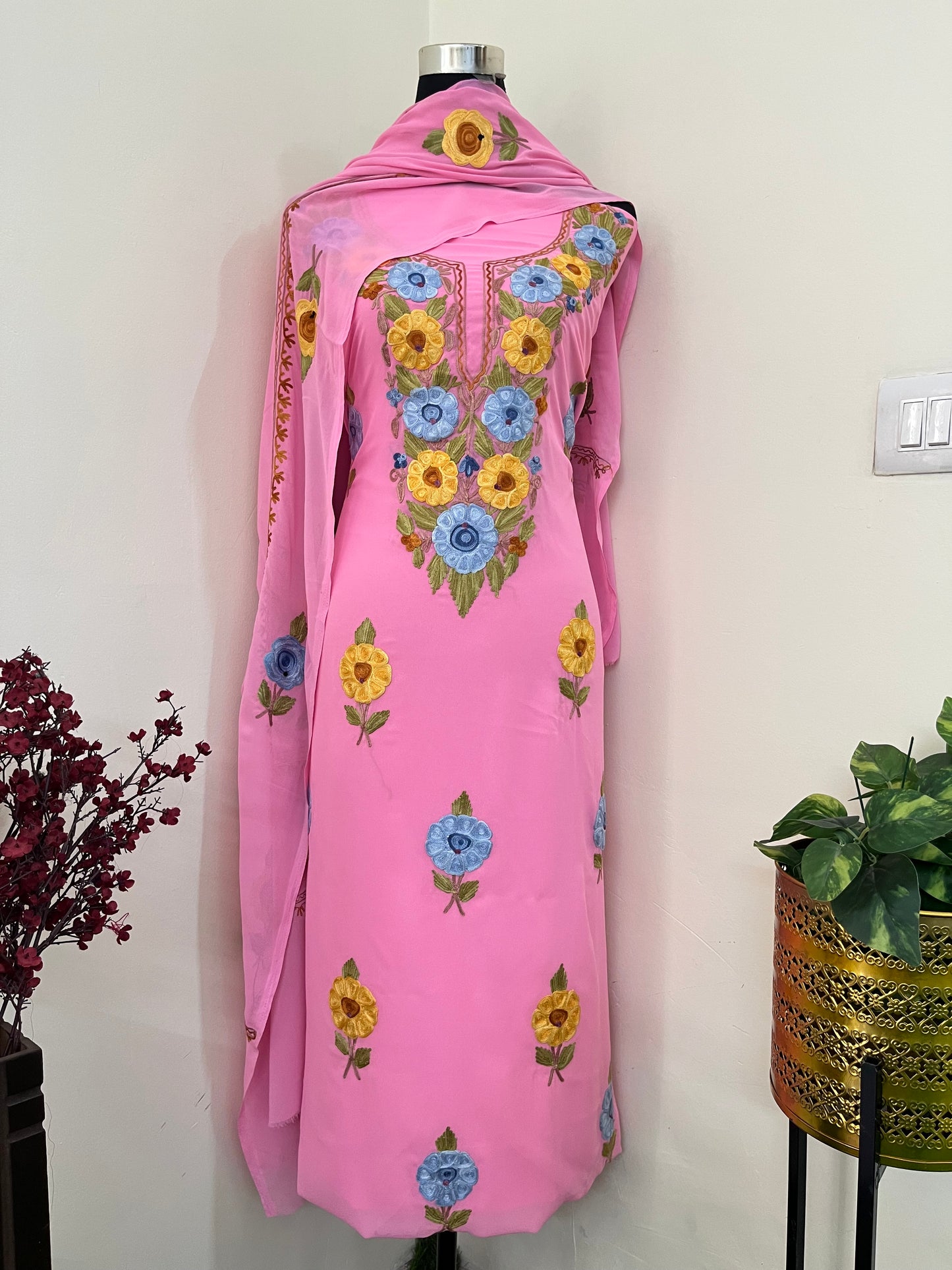 Georgette Candy Pink 3 Pc Aari Embroidered Suit