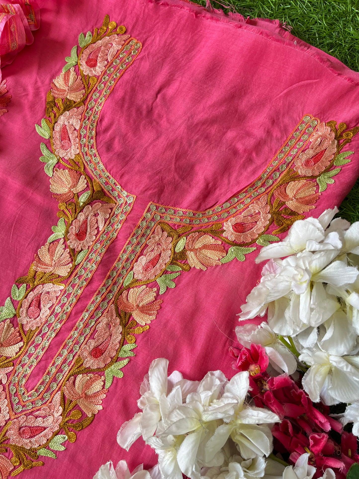 Pink Muslin Cotton Jaal Sleeves Kashmiri 3pc Suit