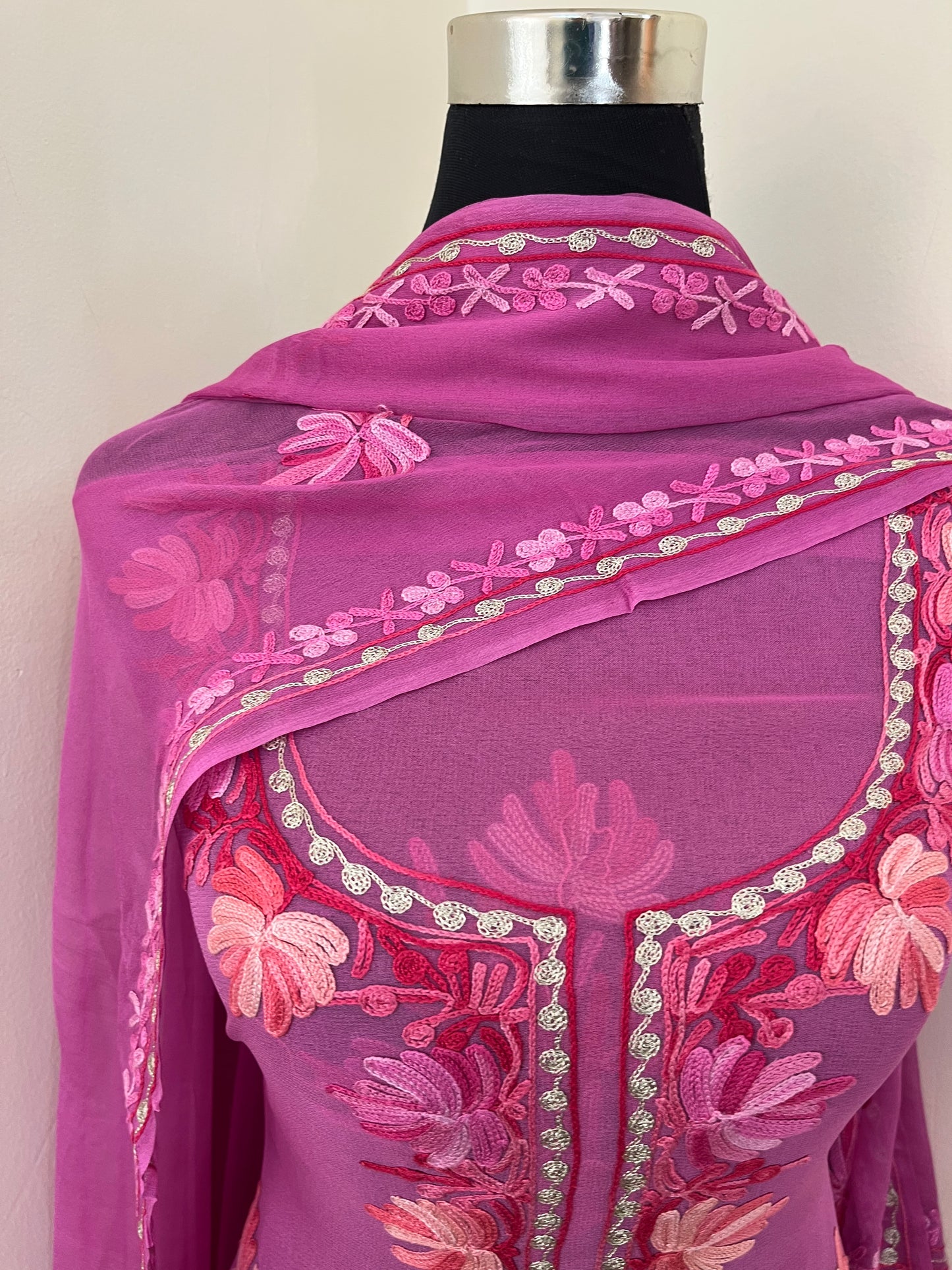 Mauve Pure Georgette Aari Embroidered Suit
