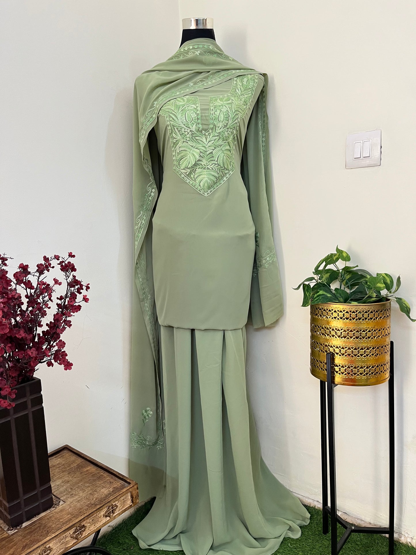 Tea green Georgette 3 Pc Aari Embroidered Suit Set