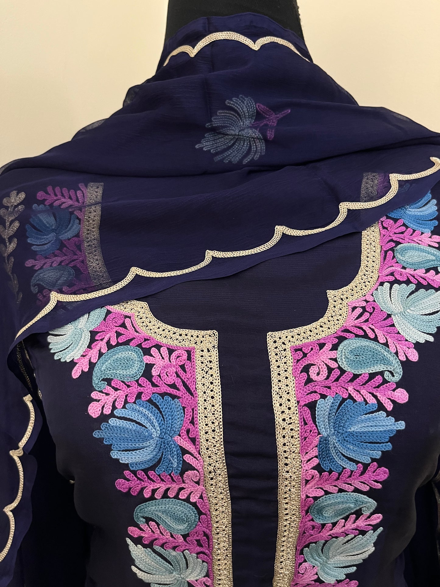 Sanam’ Navy Blue Silk Aari Embroidered Suit material