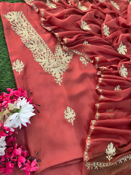 Blush Red Silk Tilla Kashmiri Suit