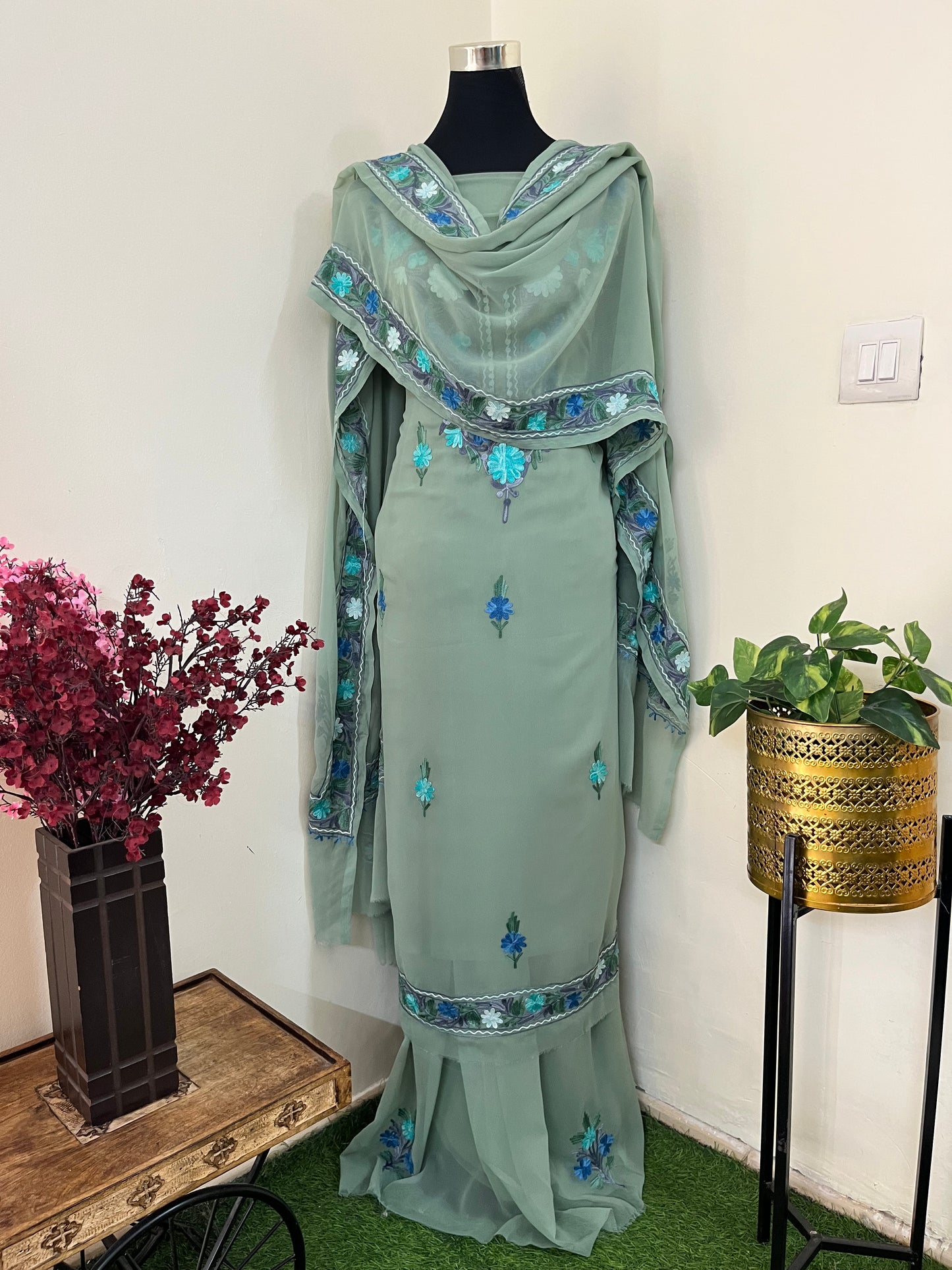 Tea Green Georgette 3 Pc Aari Embroidered Suit Set